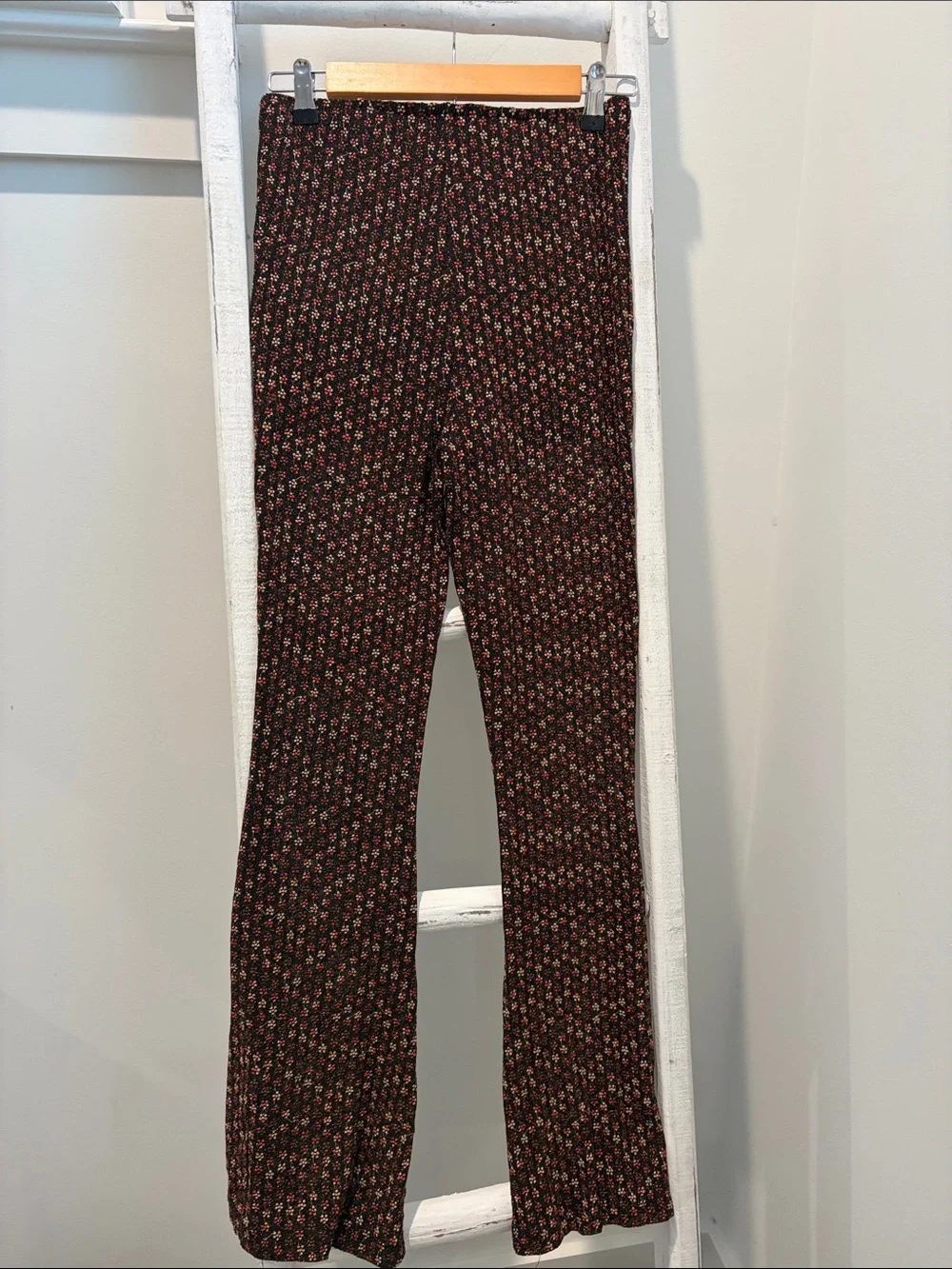 Free People Black Knit Pants with Metallic Thread and Pink Floral Embroidery